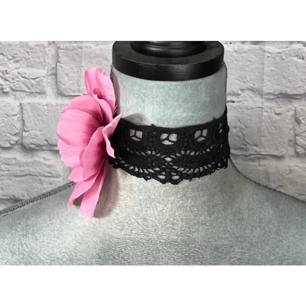 Handmade Avant Garde Coquette Black Vintage Lace Choker with Pink Flower - Picture 2 of 5